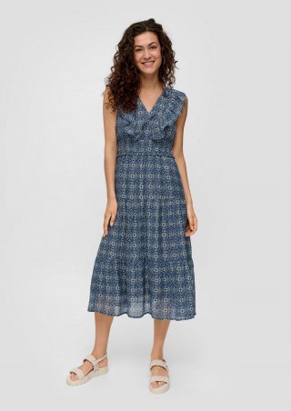 s.Oliver Gemustertes Kleid aus Viskosemix mit Rüschendetails - tiefblau