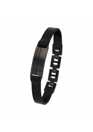 s.Oliver Armband aus Leder und Edelstahl - schwarz s.Oliver Armband aus Leder und Edelstahl - schwarz