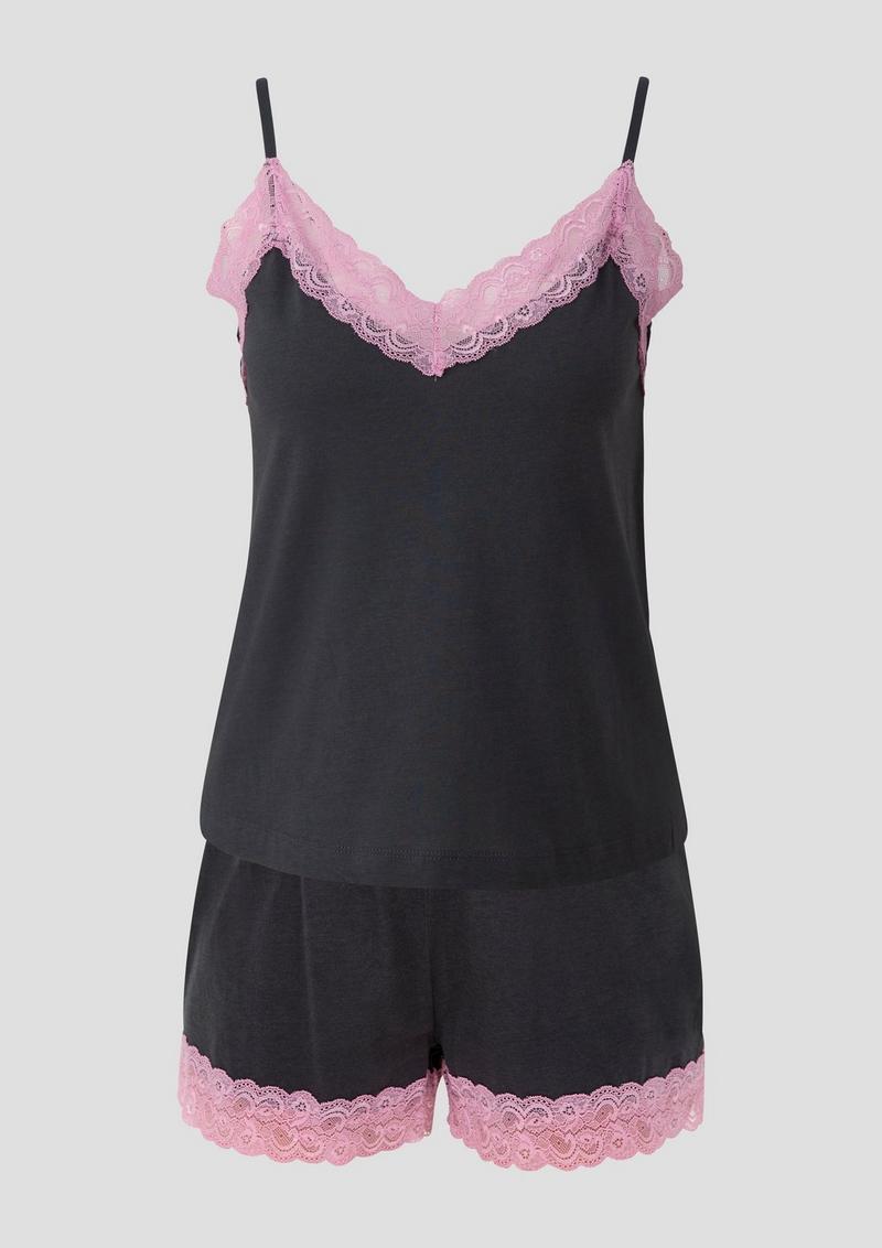 s.Oliver Kurzes Pyjama-Set mit Spitzen-Details - schwarz