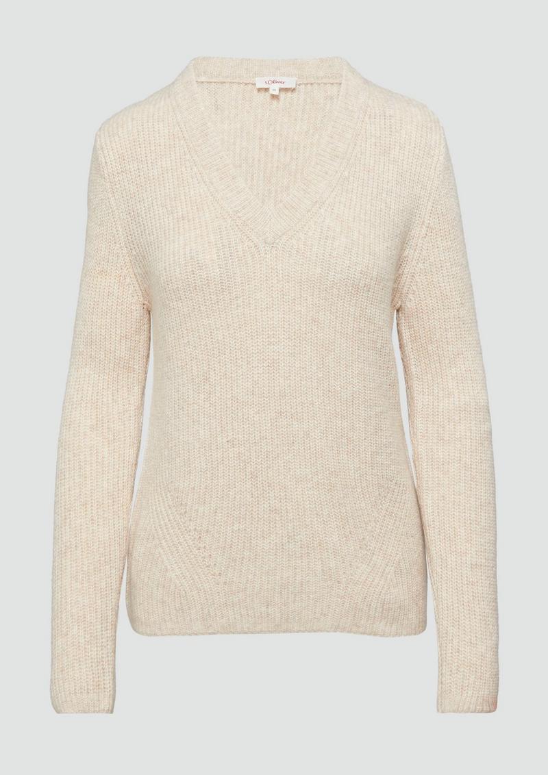 s.Oliver Strickpullover mit V-Ausschnitt und Rippblende - beige