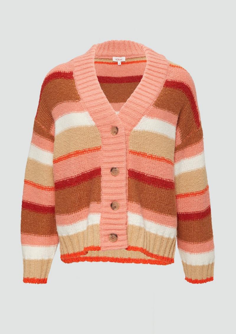 s.Oliver Gestreifte Strickjacke mit Knopfleiste - himbeere