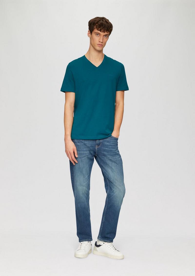 s.Oliver T-Shirt mit V-Ausschnitt und Logo-Print - petrol
