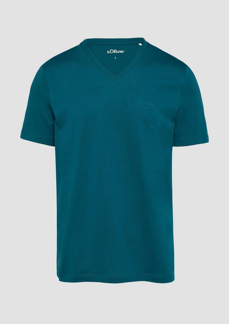 s.Oliver T-Shirt mit V-Ausschnitt und Logo-Print - petrol