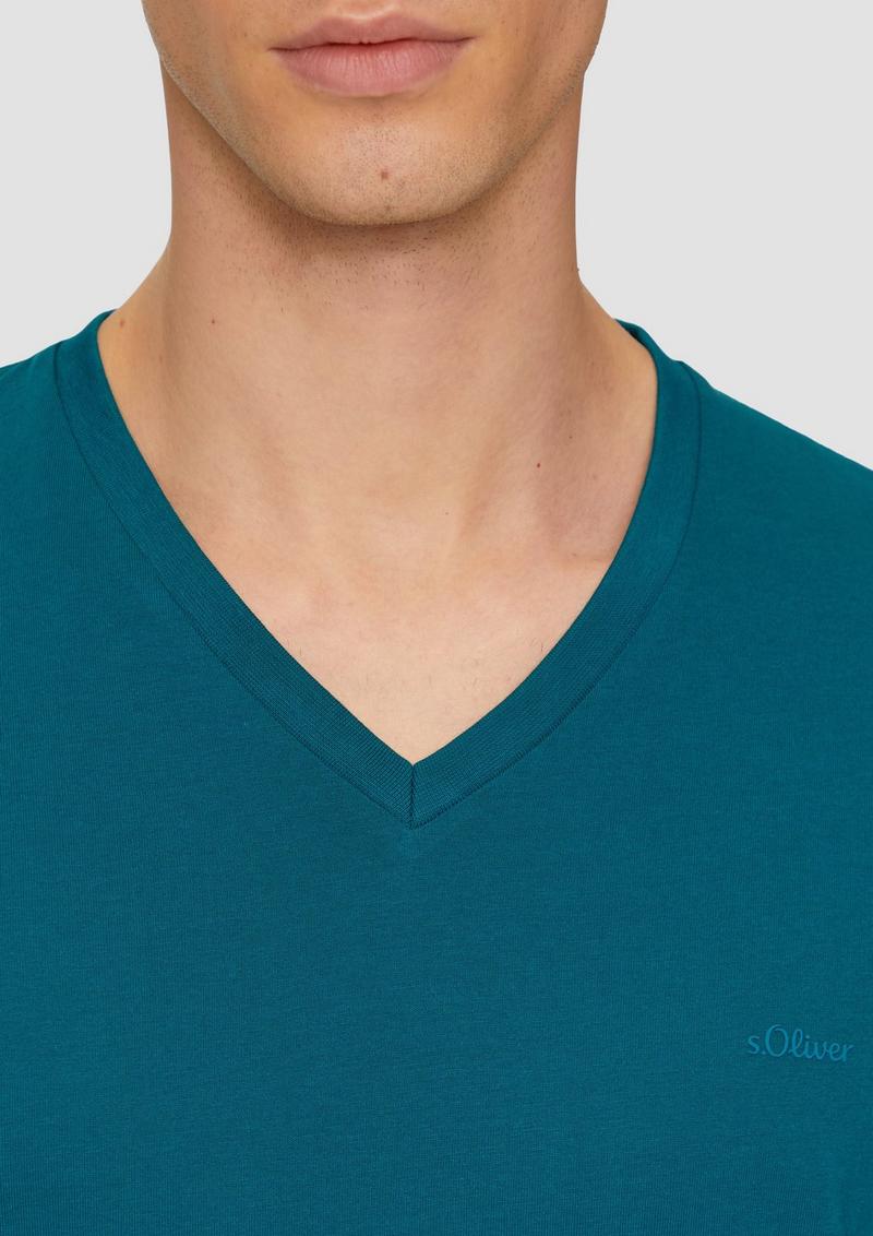 s.Oliver T-Shirt mit V-Ausschnitt und Logo-Print - petrol