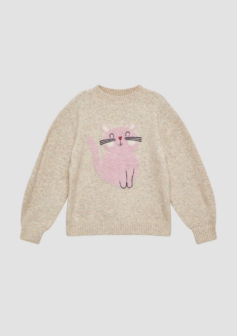 s.Oliver Kuscheliger Loose-Fit-Strickpullover mit Katzen-Artwork - helles beige