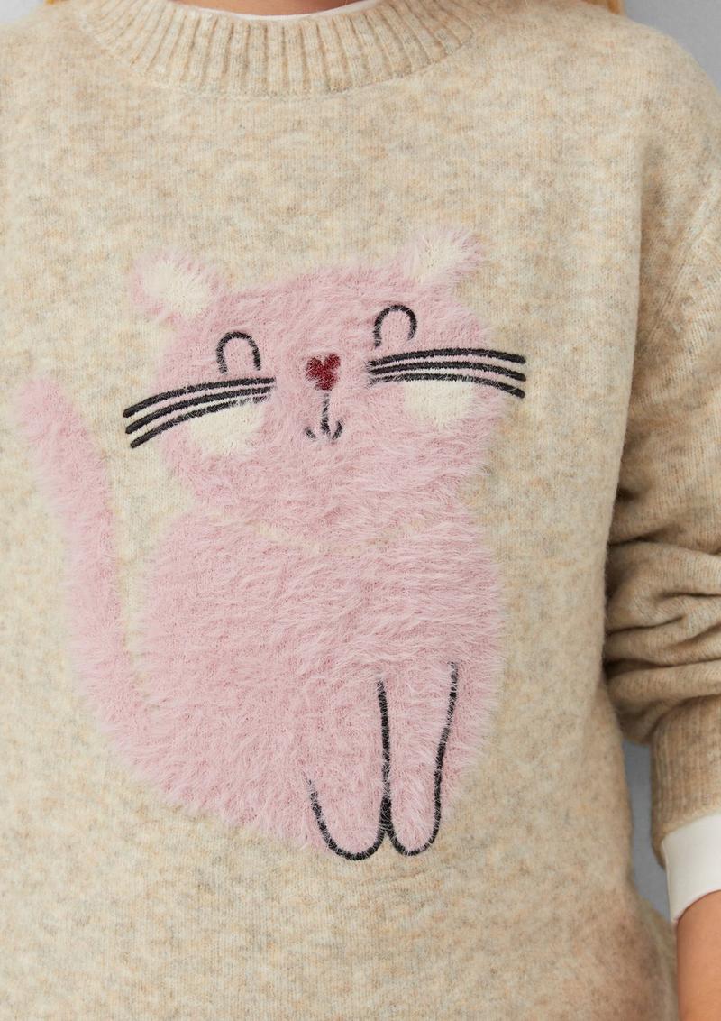 s.Oliver Kuscheliger Loose-Fit-Strickpullover mit Katzen-Artwork - helles beige