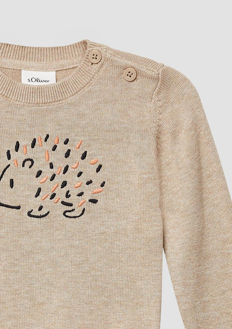 s.Oliver Unisex Strickpullover mit gesticktem Igel-Motiv - sandstein